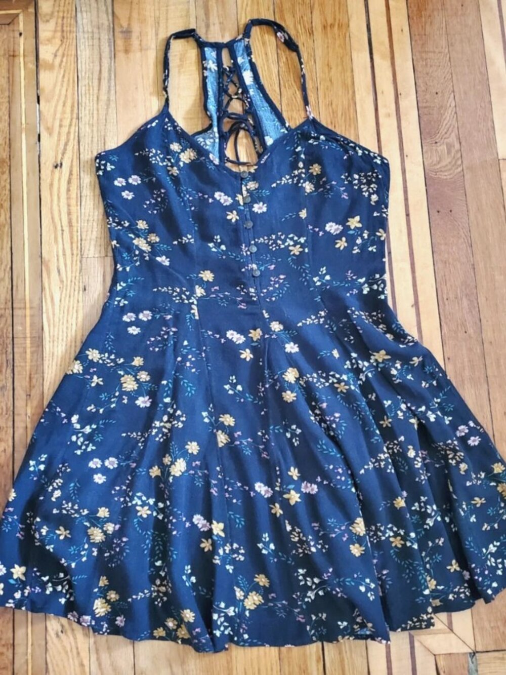SUNDRESS SIZE 0 AMERICAN EAGLE OUTFITTERS 100% COTTON BLACK FLORAL RACE BACK